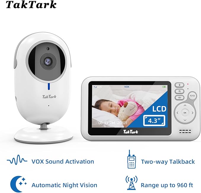 TakTark Baby Monitors with Camera and Audio, 4.3 inches, No Wi-Fi, 2 Way Audio, Night Vision, Digital Zoom, VOX Power Saving, Room Temperature, Ideal for New Parents