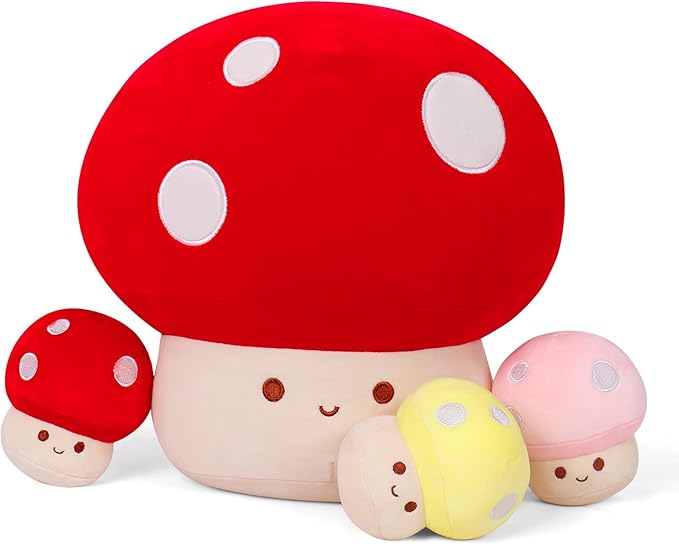 4PCS Mushroom Plush, 12 Inch Mushroom Plush Pillow with 3 Babies, Mushroom Stuffed Animals, Plush Toy Pillows, Mushroom Stuffed Pillow Room Decor Gift for Kids Adults