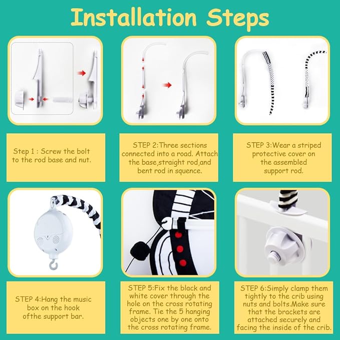 Baby Crib Mobile, Baby Mobile for Crib with Mirror, Black and White High Contrast Mobile Toy for Newborn Infants Boys and Girls, Baby Mobile Hanging Rotating Crib Toys Nursery Crib Toys, Knob Type