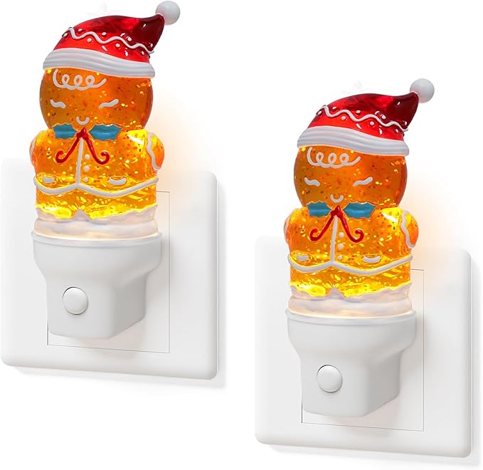 2 Pack Christmas Night Light Plug into Wall Glitter Water Nightlight with USB/Outlet Options, Christmas Gingerbread Decorative Nightlight for Bedroom Kitchen Holiday Decorations Gifts (Gingerbread)