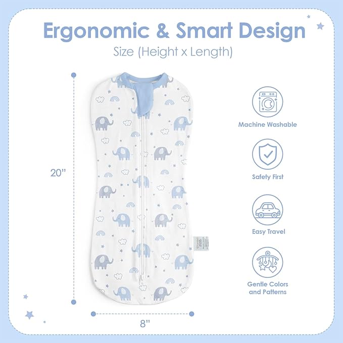 Baby Swaddle 0-2 Months, Cotton Arm-In Zipper Sleep Sack, Wearable Blankets Wrap for Newborn Infant Girls and Boys (Elephant, Pack of 1)