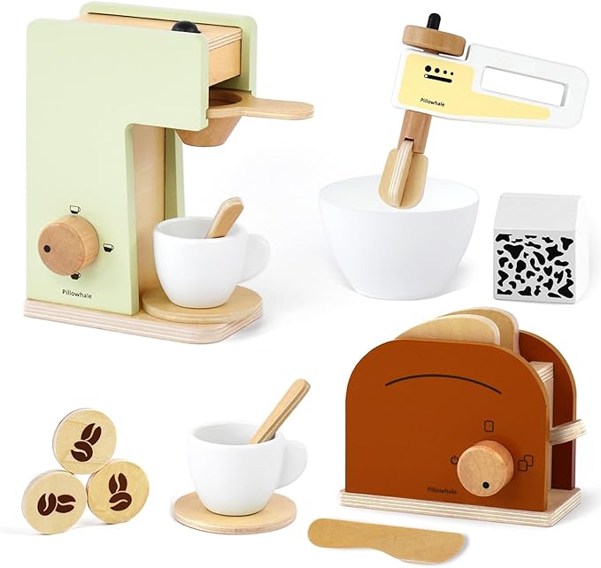 3-in-1 Wooden Café Playset Bundle – Pretend-Play Coffee Maker, Hand Mixer & Pop-Up Toaster with Accessories for Toddlers 3+