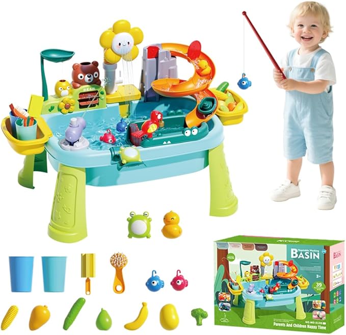 Sensory Water Table for Toddlers 1-3, Play Sink with Running Water Toys for Kids Ages 4-8, Kitchen Sink with Play Food Vegetables, Dishes, Fishing Game, Outdoor Sand Summer Toys for Boys Girls