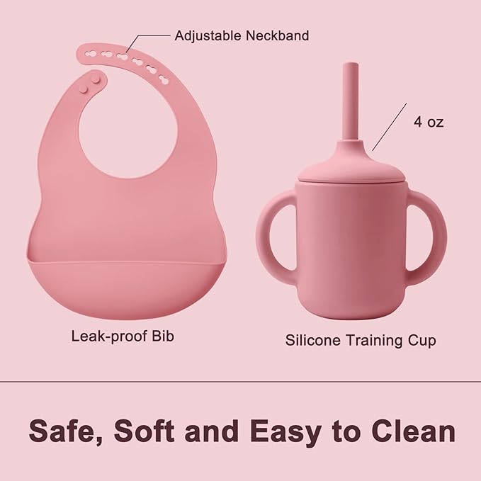 LITTLE RAWR Silicone Baby Feeding Set 14 Pcs,Baby Led Weaning Supplies, Baby Spoons Suction Bowl Divided Plate Bib Cup Finger Brush,First Stage Solid Food Eating Utensils - 6+ Months(Deep Red)