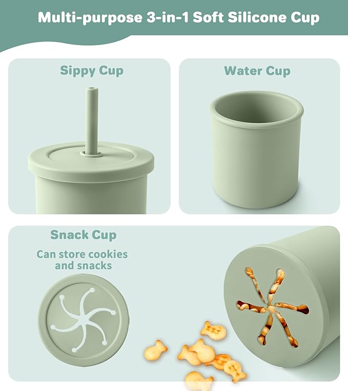 Silicone Baby Feeding Set, 10 Pcs Baby Led Weaning Supplies Baby Eating Essentials Set with Suction Bowl Divided Plate Adjustable Bib Soft Spoon Fork Cup with Lid Drinking Cup, Travel Bag (Green)