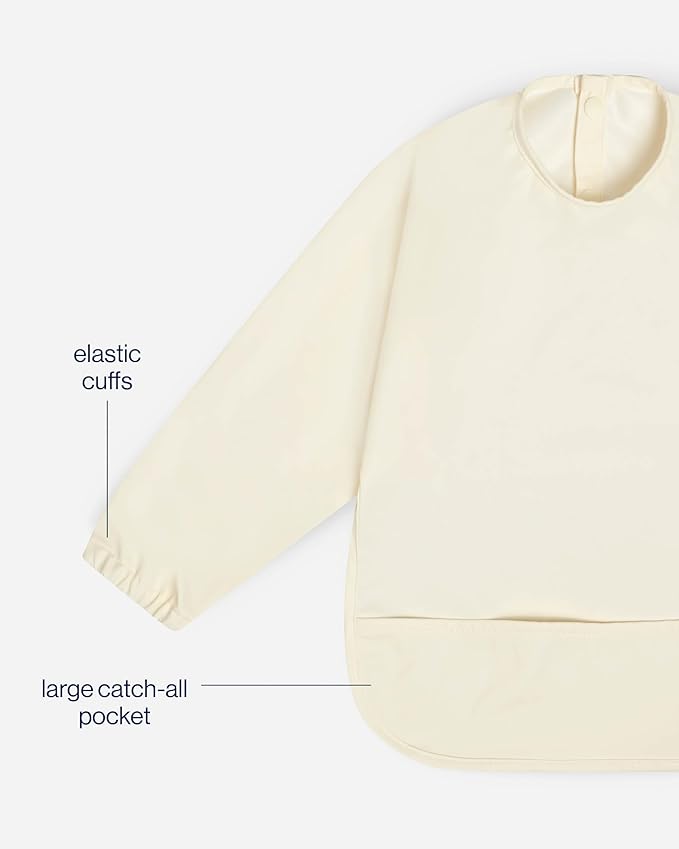 Lalo Smock Bib - Long Sleeve Bib for Infants and Toddlers - Elastic Cuffs, Large Catch-All Pocket, Waterproof Recycled Polyester - Easy to Clean for Mealtime and Art Time - Oatmeal Infant