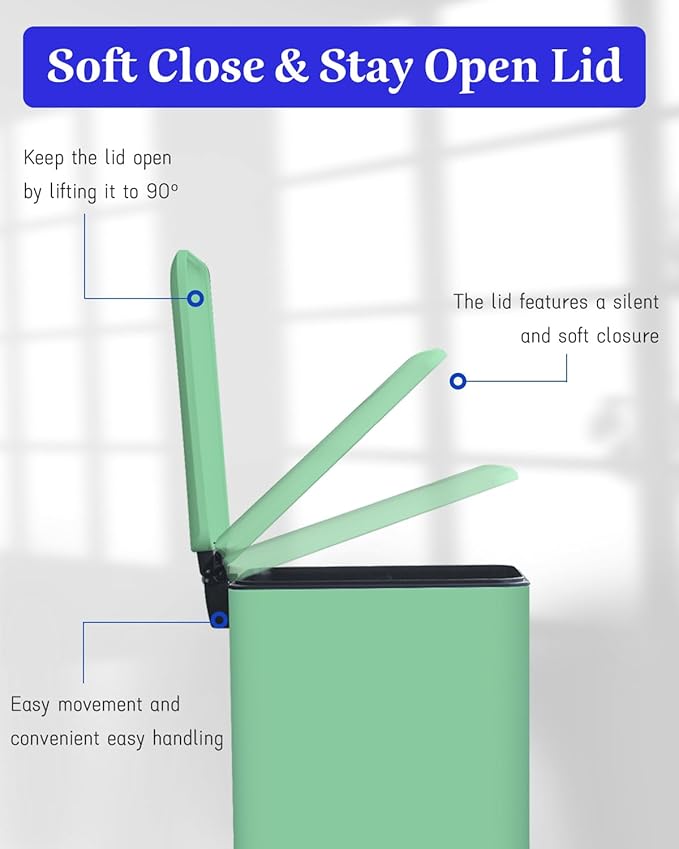 8 Gallon Slim Trash Can with Soft Close Lid, Stainless Steel Trash Can with Removal Inner Bucket, Hand -Free Trash Bin for Kitchen, Office, Laundry, Bathroom, 30 Liter Capacity, Green