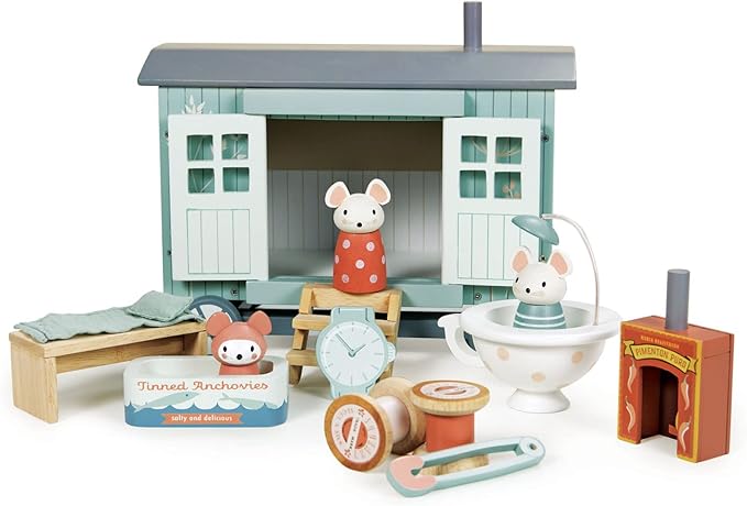 Tender Leaf Toys - Secret Meadow Shepherd’s Hut - Portable Furnished Wooden Shepherd’s Hut on Wheels with 11 Pcs Accessories and 3 Mice Dolls - Open-Ended Play and Story Tellings - Age 3+
