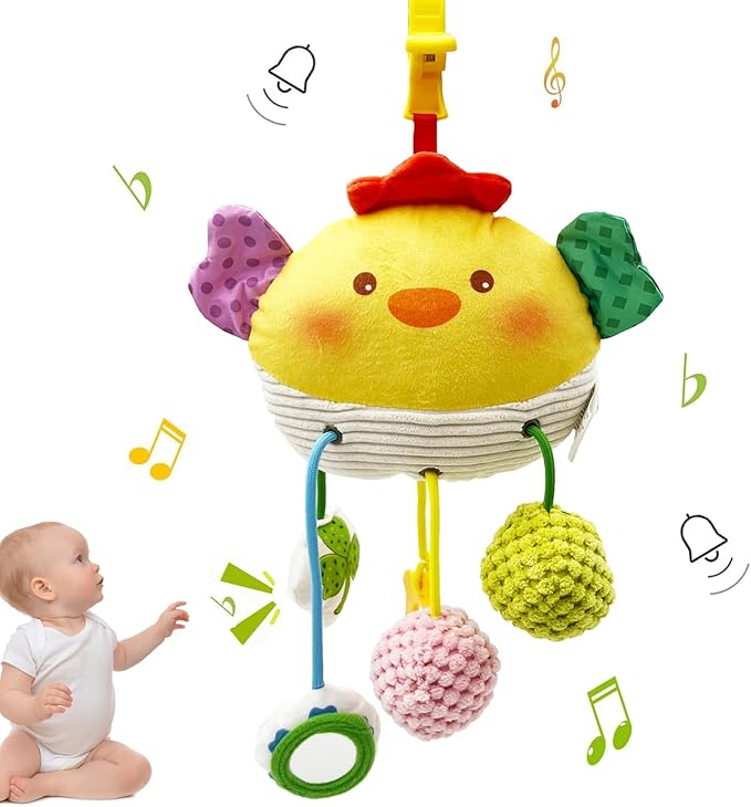 Baby Toys for 3 6 9 12 Months, Bassinet Toys for Infant & Toddlers, Crib Stroller Hanging Doll for Stimulating Baby’s Senses and Developing Motor Skills (Chick)