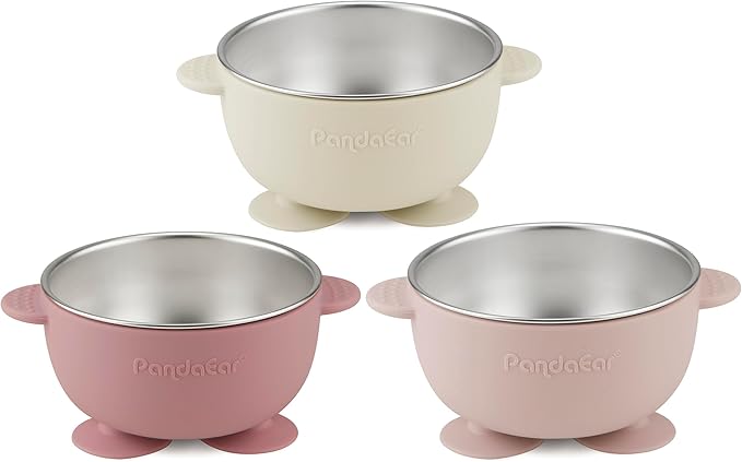 PandaEar 3 Pack Stainless Steel Suction Baby Bowls & 3 Baby Feeding Spoons | Non-Slip Stay Put Bowls & Soft Silicone First Stage Spoons for Toddlers, BPA-Free Baby Led Weaning Set (Pink White)