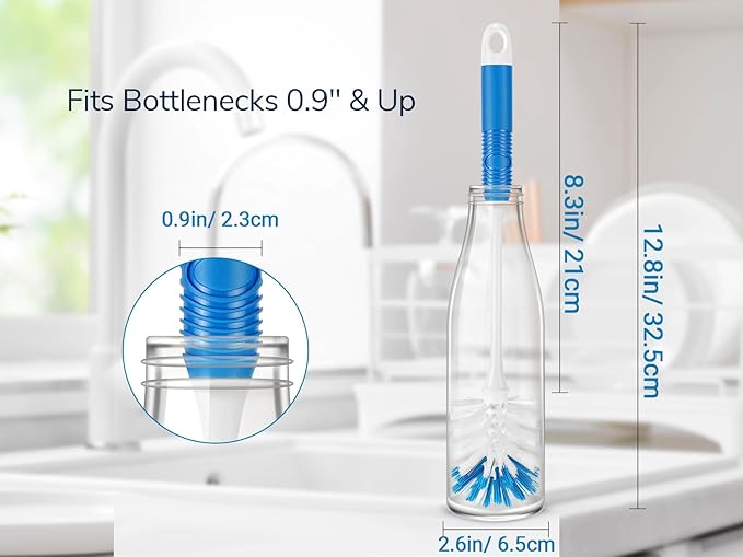 Bottle Brush Cleaner, Long Handle Bottle Brush with Dual Bristles for Water Bottles, Glassware, Mugs, Sports & Baby Bottles Cleaning, 2 Handles with 4 Brush Heads