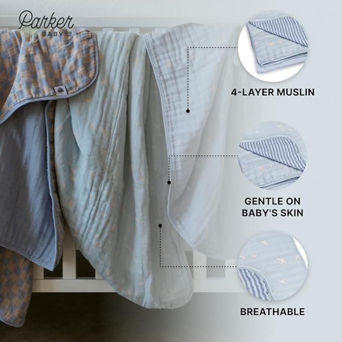 Parker Baby Muslin Blanket | 100% Soft Cotton Toddler Quilt & Baby Muslin Swaddle | Gender Neutral Design 47" x 47" Blanket