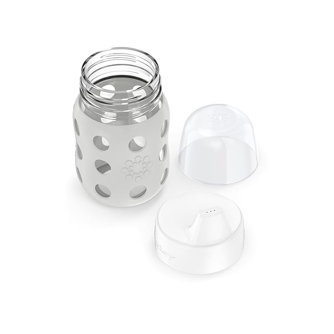 Lifefactory 8-Ounce Wide Neck Glass Baby Bottle with Protective Silicone Sleeve and Hard Sippy Spout, Stone Gray (LG2221WCG4)