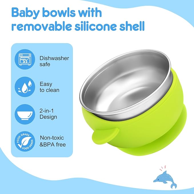 2 Pack Stainless Steel Baby Bowls with Removable Non-Slip Silicone Suction Shell, Anti Scald Food Container for Baby Food Feeding, Forks + Spoons Included -Blue & Green