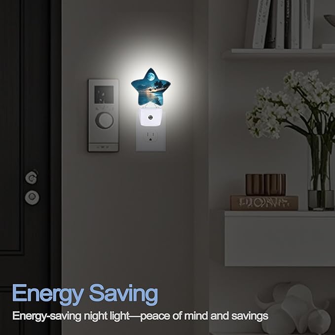 Moon Beach Night Light,Tropical Palm Tree Plug-in Star Night Lights with Dusk-to-Dawn Sensor for Bedroom,Bathroom,Living Room Sleep Friendly Lamp for Women Girls Boys Gift,0.5W
