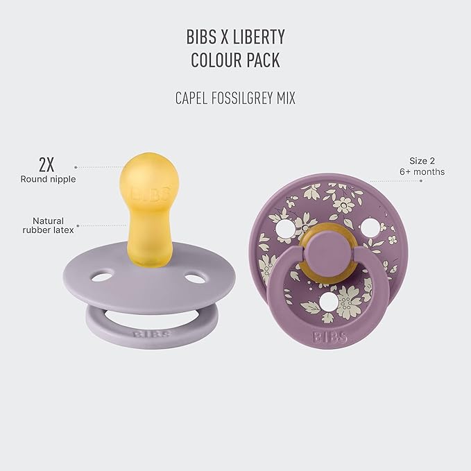 BIBS Colour Liberty Soother 2-Pack, BPA Free Dummy Pacifier, Round Nipple. Natural Rubber Latex, Made in Denmark, Size 2 (6-18 Months), Capel Fossil Grey