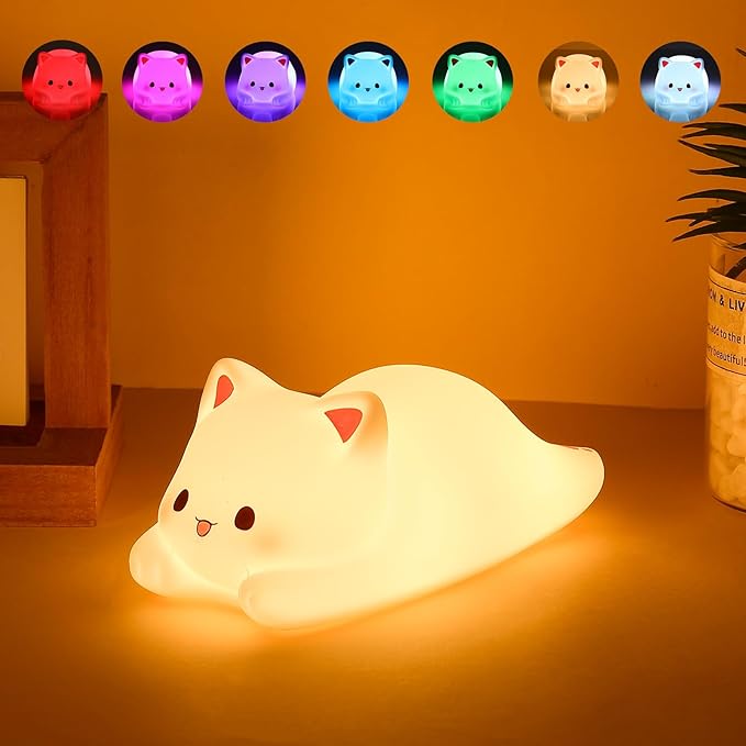 Tremdwoto Cat Night Light for Kids,Cute Colorful Night Light Baby Girl Squishy Night Lights Lamp 1/3 Hour Timer Kitty Light Dimmable Nursery Lamp Nightlight,Kids Room Decor，Gifts for Girls and Boys