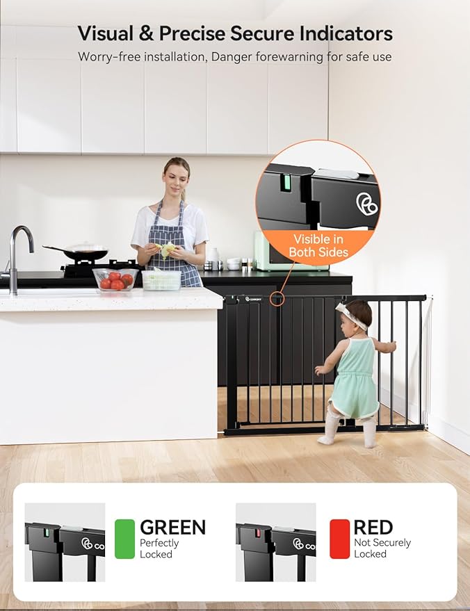 COMOMY 30" Tall Baby Gate for Stairs Doorways, Fits Openings 29.5" to 46" Wide, Auto Close Extra Wide Dog Gate for House, Pressure Mounted Easy Walk Through Pet Gate with Door, Black