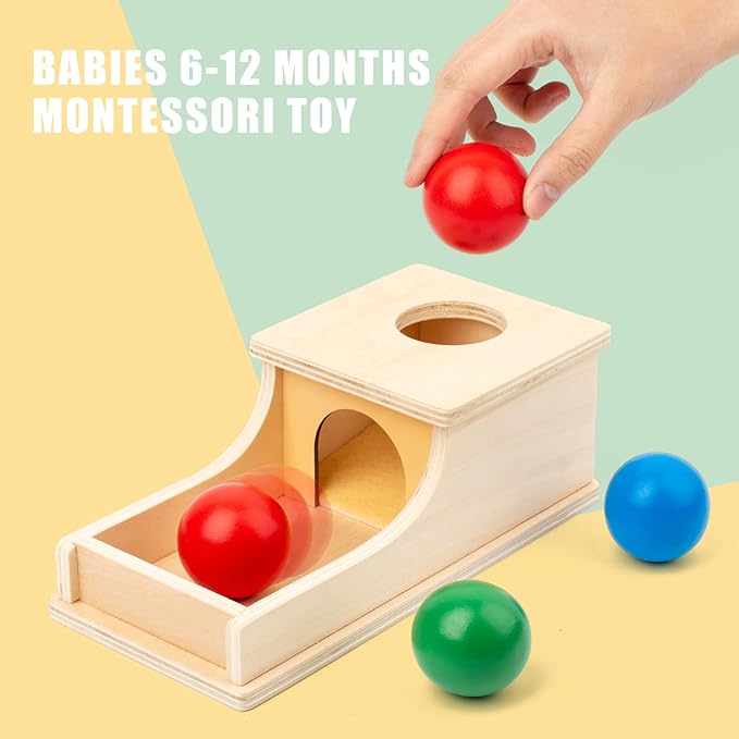 Busy edition Montessori Toys Object Permanence Box Soft Sound Wooden Baby Ball Drop Play for 6 Month 1 2 3 Year Old Toddlers Infant Early Age Toy (Red Green Blue)