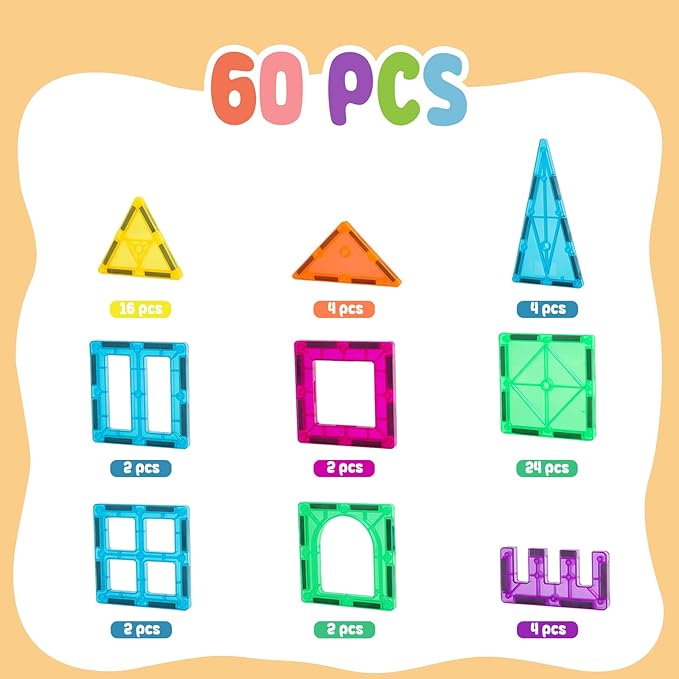 FNJO Magnetic Tiles, Magnet Building Set,60 PCS Building Blocks Set STEM Preschool Montessori Toy for Kids Boys Girls