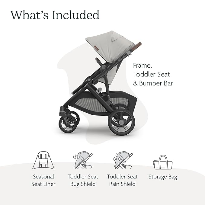 UPPAbaby Vista V3 Stroller - Full-Size Single-To-Double Stroller System - Toddler Seat, Bug Shield, Rain Shield, and Storage Bag Included - Savannah (Pearl Gray Jacquard/Carbon Frame/Chestnut Leather)