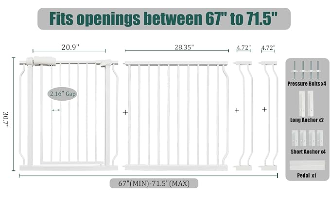 67-71.5 Inch Extra Wide Baby Gate, Pressure Mounted No Drill, Heavy-Duty Metal Safety Gate for Wide Stairs, White with Extension Kit