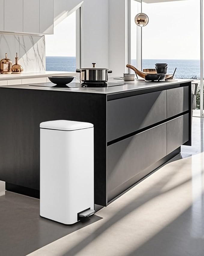 8 Gallon Square Trash Can with Lid, White Kitchen Trash Can with Soft Close, InnerBucket & Steel Pedal, Stainless Steel Garbage Can for Kitchen, Laundry Room, Office, Bathroom, Dorm