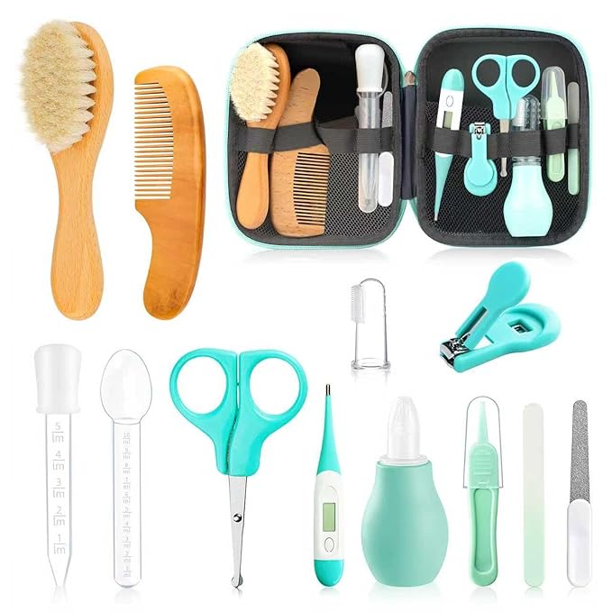 Baby Grooming Kit, Infant Safety Care Set with Hair Brush Comb Nail Clipper Nasal Aspirator,Baby Essentials Kit for Newborn Girls Boys (13 Pc Green Kit)