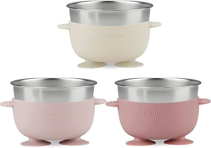 PandaEar 3 Pack Stainless Steel Suction Baby Bowls & 3 Baby Feeding Spoons | Non-Slip Stay Put Bowls & Soft Silicone First Stage Spoons for Toddlers, BPA-Free Baby Led Weaning Set (Pink White)