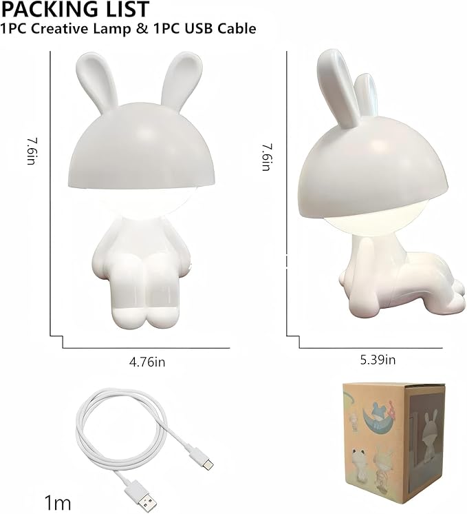 Night Light | Mini Desk Lamp | Table Lamps for Night Stands LED Cute Bunny 3 Level Dimmable Touch Light with Rechargeable Battery for Bedside Living Room Home Decor Christmas Gifts(White)