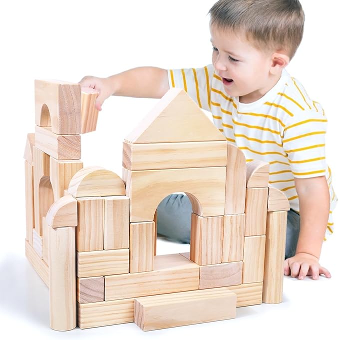 Large Wooden Building Blocks Set - Educational Preschool Learning Toys with Wooden Storage Box, Toddler Blocks Building and Stacking Toys for 3+ Year Old Boy and Girl Gifts