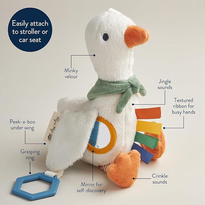 Itzy Ritzy Bitzy Traveler Car Seat & Stroller Toy for Babies – Developmental Sensory Toy Features Crinkle & Rattle Sounds & Multiple Textures – Hanging Travel Buddy for On-the-Go Entertainment (Goose)