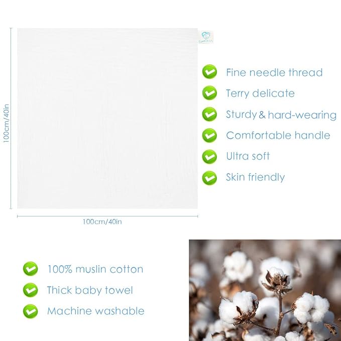 FOOK FISH Muslin Baby Towel Super Soft and Absorbent Cotton Baby Bath Towels 2 Pack 6 Layers Infant Newborn Blanket Toddler and Kids Large 40 x 40inches (White)