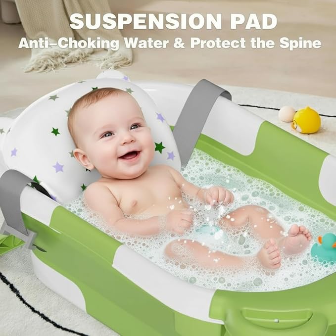 TPN Collapsible Baby Bathtub, Baby Bath Tub with Soft Cushion & Real-Time Thermometer, Baby Bathtub Infant to Toddler Tub (0-36 Months), Portable Travel Baby Tubs for Newborns (Green)