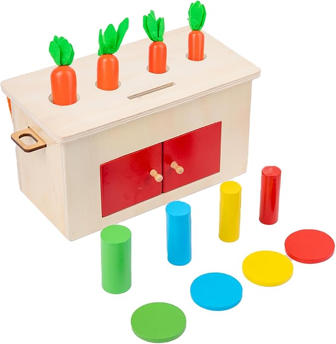 Adena Montessori 4-in-1 Play Kit Box for Infants,Toddlers and Babies 6-12 Months, 1 Year, 2 Year and 3 Year- Includes Coin Box, Cylinder & Carrot Drop Box, and Blind Touch Perception Box with Door
