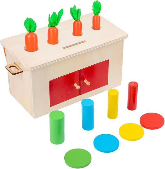 Adena Montessori 4-in-1 Play Kit Box for Infants,Toddlers and Babies 6-12 Months, 1 Year, 2 Year and 3 Year- Includes Coin Box, Cylinder & Carrot Drop Box, and Blind Touch Perception Box with Door