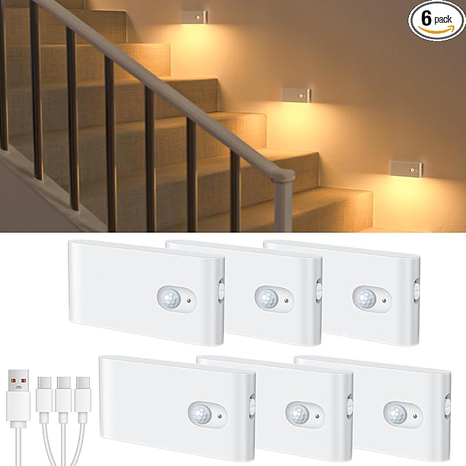 WILLED Motion Sensor Night Light, Rechargeable Stair Lights Indoor, Warm White Motion Sensor Light Indoor, Battery Operated Night Light for Hallway, Stairway, Bathroom, Bedroom, Kitchen, 6 Pack