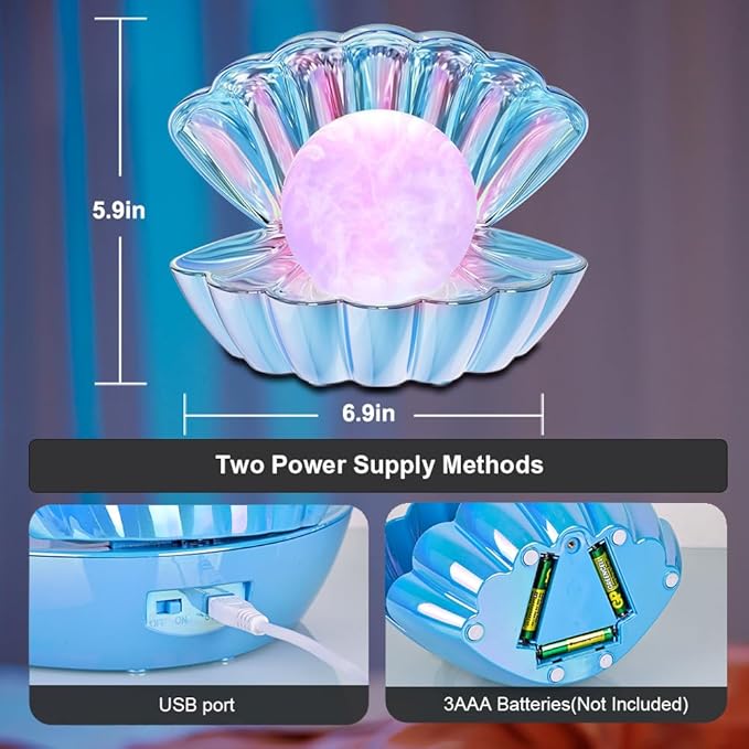 Shell Pearl Beach Themed Night Light, RGB 8 Colors Changing Mood Shell Pearl Lamps, Bedside LED Clamshell Portable Night Lights for Bar (Electroplating Blue)