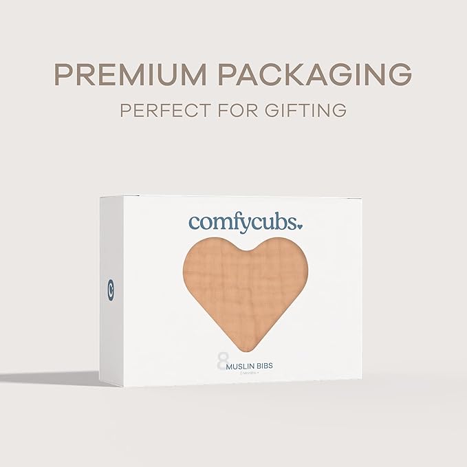 Comfy Cubs Muslin Bibs for Babies, Pack of 8 - Soft and Highly Absorbent, Feeding, Drool and Teething Bib, Adjustable Snaps - Stylish & Colorful Unisex Designs, Giftable Set - Caramel