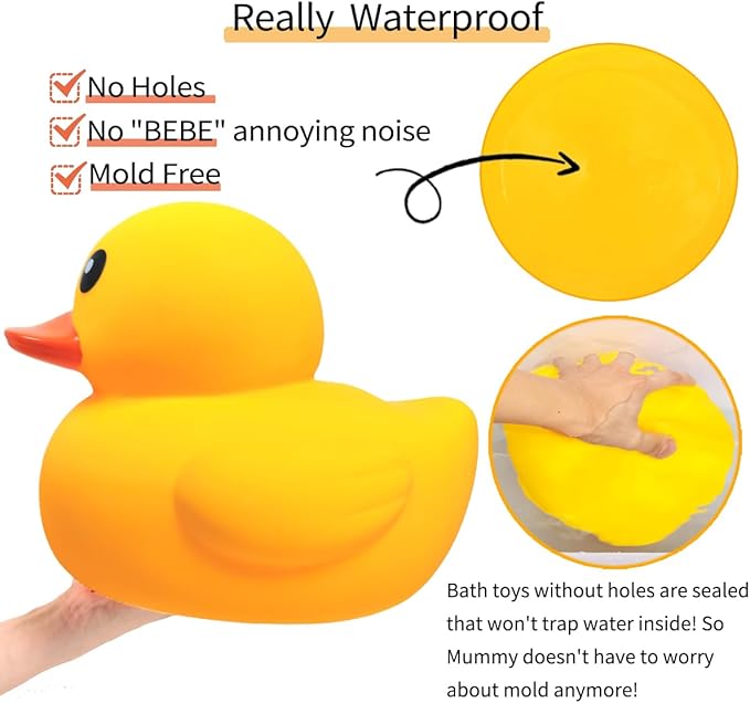 10.3" No Hole Giant/Big/Large Waterproof No 'Bebe' Noise Rubber Funny Yellow Duck/Ducikes Bath/Pool/Water Toy Without Hole for Kids Office Home Desktop Decor and IT Programmer Partner