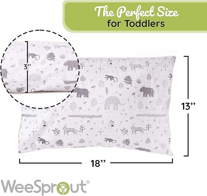 WeeSprout Toddler Polyester Organic Cotton Shell and Pillowcases, Small Kids Pillow, Soft and Supportive Polyfiber Filling, Machine Washable, 18 x 13 x 3 (White + Safari Print, 3 Piece Set)