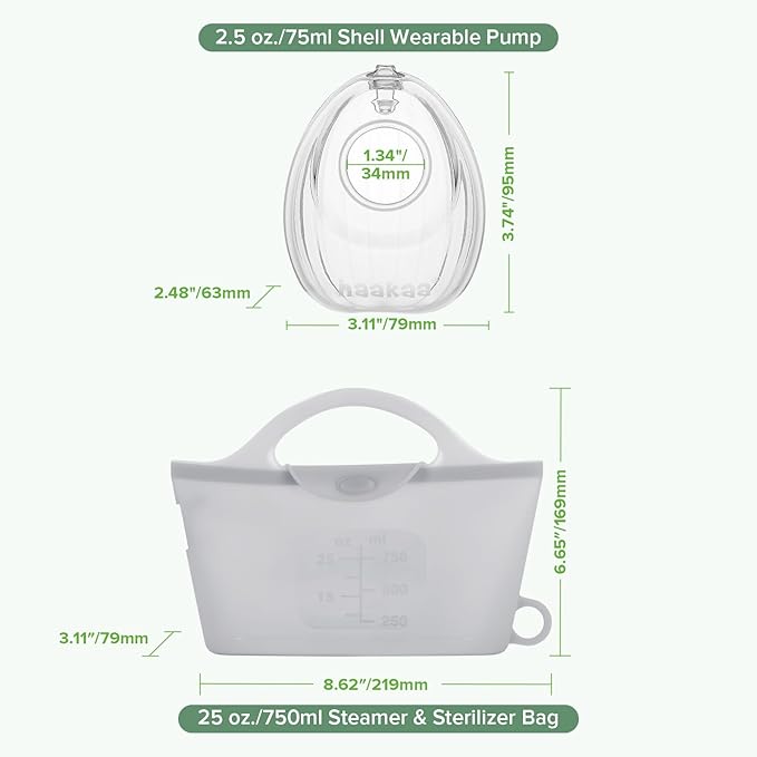 haakaa Wearable Silicone Breast Pump with Steriliser Bag, 2-in-1 Hands-Free Passive Breast Milk Catcher for Nursing Mom, Breastfeeding Essentials, 75ml Shell Pump & 750ml Steriliser Bag - Grey
