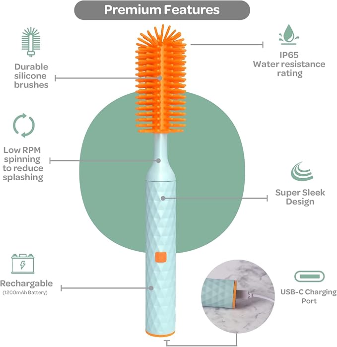 Büki Electric Baby Bottle Cleaning Brush Set - Rechargeable Electric Bottle Brush with Straw Cleaner - Water Bottle Cleaning Kit, Nipple Brush, 1200mAh Brush Cleaner (by Kindersense)