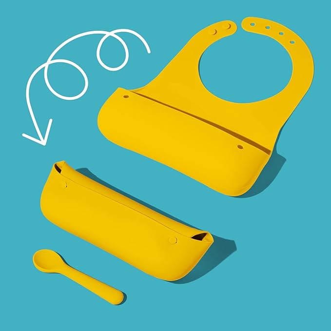 Avanchy Silicone Baby Bibs, Waterproof, Adjustable, BPA Free, Soft Unisex Set for Toddlers with Matching Spoon