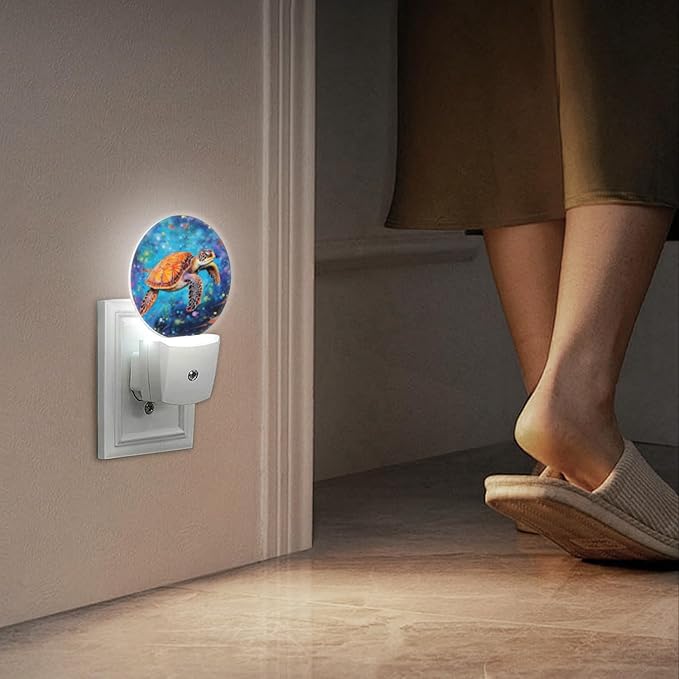 Round LED Night Lights Lamp with Dusk to Dawn Sensor, Orange Sea Turtle Swimming Gracefully Night Light Plug Into Wall for Kids Room, Bedroom, Bathroom, Kitchen, Hallway