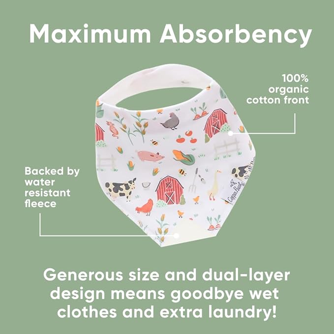 Copper Pearl 4 Pack Soft Cotton Baby Bibs for Drooling and Teething, Absorbent Drool Bibs for Baby Girl and Boy, Adjustable to Fit Newborns to Toddlers, Tons of Styles (Farmstead)