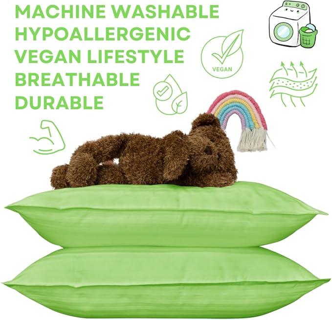 kinder Fluff Children Pillow (2Pack) 14x20in - Junior Pillows for Kids Age 4+, 100% Cotton Sateen Stripes Shell 300T, Down Alternative Fill, Machine Washable - Children & Travel Cushion - Green - M