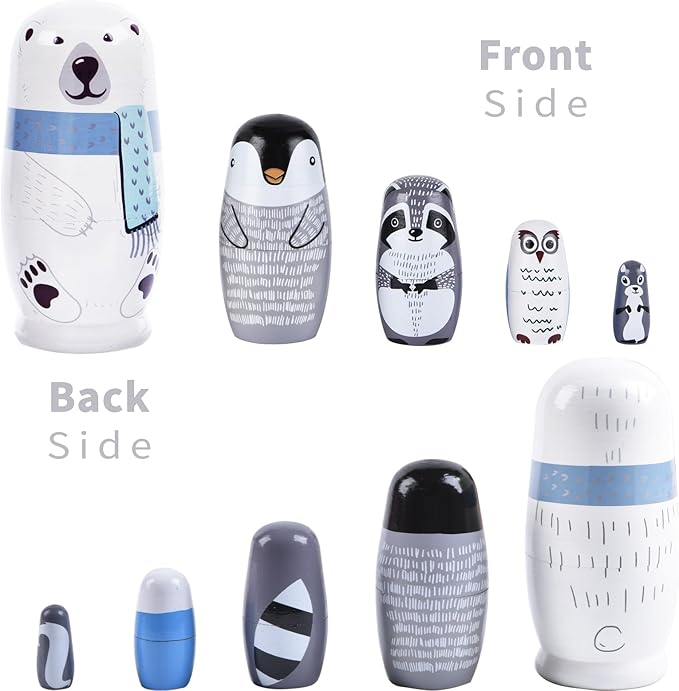 Nesting Dolls, 5Pcs 6" Tall Russian Nesting Dolls, Polar Bear Christmas Decorations，Handmade Matryoshka for Kids, Wooden Stacking Toys for Christmas Home Wedding Party Decorations (Polar Bear)