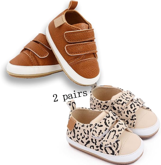 2Pairs Baby Shoes,Boys Girls Non-Slip Rubber Sole Sneakers,Unisex Infant Soft Lightweight First Walking Crib Shoes