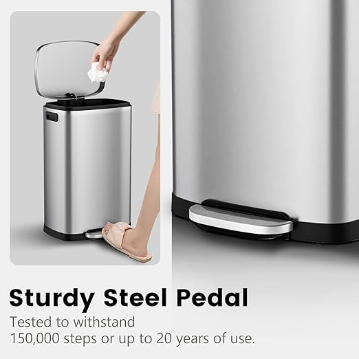 ELPHECO Kitchen Trash Can with Lid Soft Close, 13 Gallon / 50L Stainless Steel Pedal Garbage Can, Heavy-Duty Fingerprint Proof Step Wastebasket with 20 Bags, Removable Bucket, Home Office, Silver